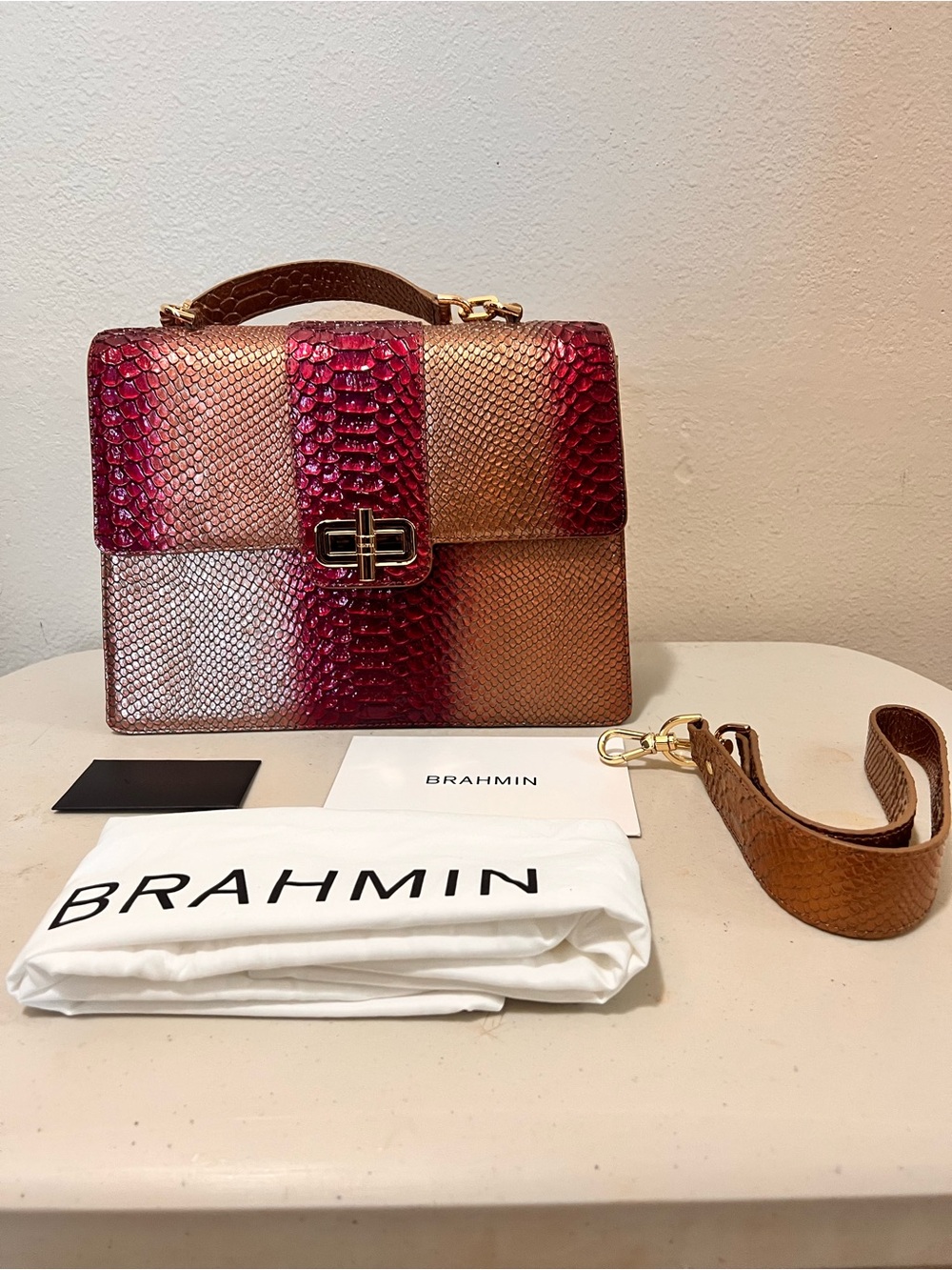 Brahmin Pink and Copper Ombre Textured Satchel - Picture 9 of 9